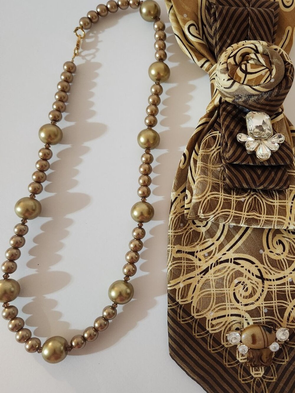 Hand Crafted Necktie Necklace with Rhinestone Accents Brown Beige Pearl Necklace - Picture 3 of 8